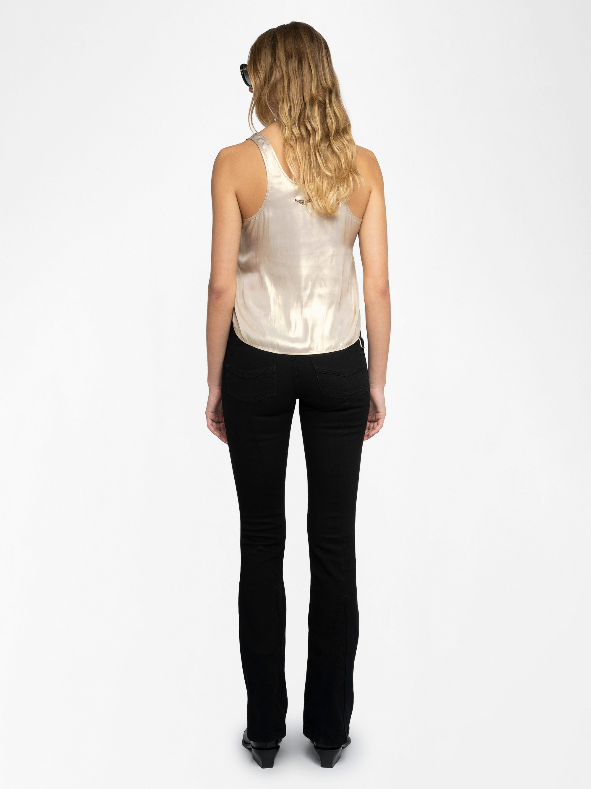 Tarys Satin Top - Iridescent satin tank top with wing embroidery on the back.